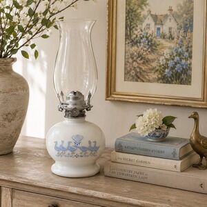 Vintage Lamplight Farms Milk Glass Oil Lamp Blue Country Geese Heart Chimney